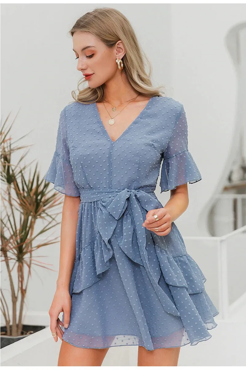 Sexy V-neck Polka Dot Summer Layer Ruffle Chiffon Short Sundress Elegant Zipper Holiday Dress