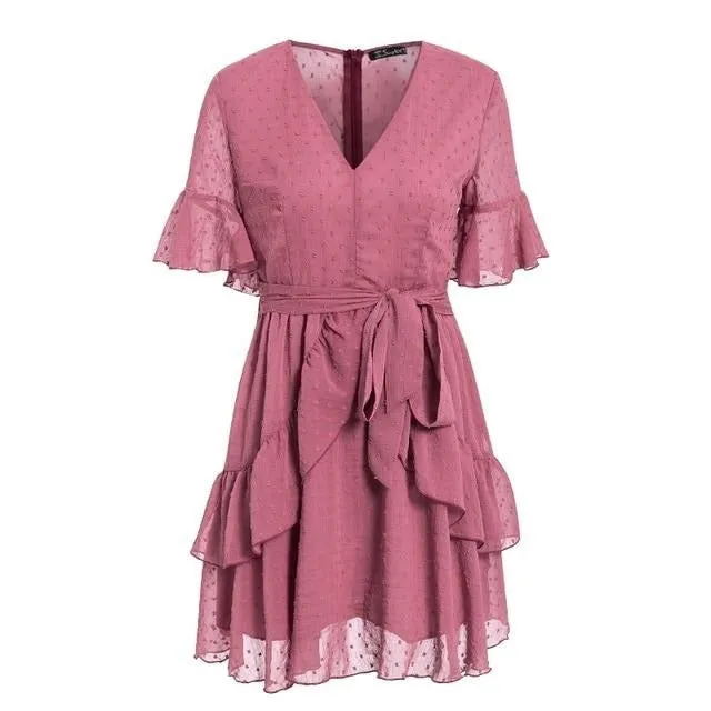 Sexy V-neck Polka Dot Summer Layer Ruffle Chiffon Short Sundress Elegant Zipper Holiday Dress