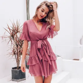 Sexy V-neck Polka Dot Summer Layer Ruffle Chiffon Short Sundress Elegant Zipper Holiday Dress