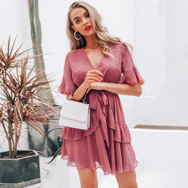 Sexy V-neck Polka Dot Summer Layer Ruffle Chiffon Short Sundress Elegant Zipper Holiday Dress