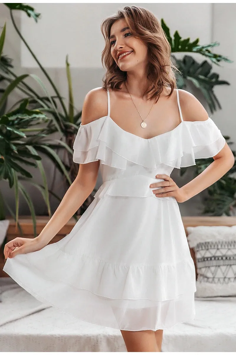 Sexy V-neck Ruffle Elegant Off Shoulder Short Sundress A-line Dress