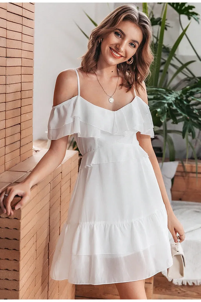 Sexy V-neck Ruffle Elegant Off Shoulder Short Sundress A-line Dress