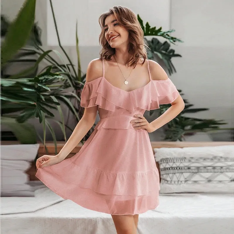 Sexy V-neck Ruffle Elegant Off Shoulder Short Sundress A-line Dress