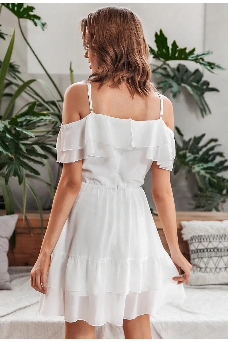 Sexy V-neck Ruffle Elegant Off Shoulder Short Sundress A-line Dress