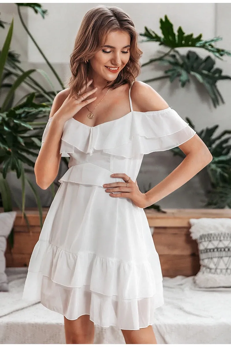 Sexy V-neck Ruffle Elegant Off Shoulder Short Sundress A-line Dress