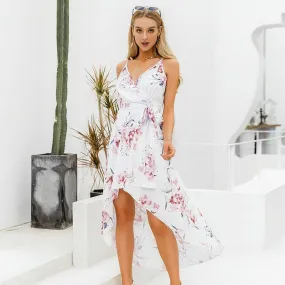 Sexy V-neck Spaghetti Strap Summer Elegant Floral Print Asymmetrical Long Sundress Maxi Dress