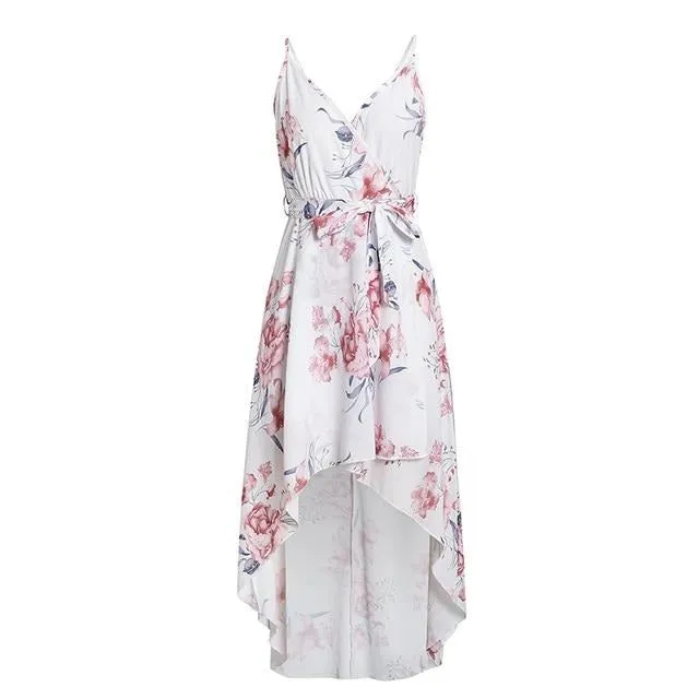 Sexy V-neck Spaghetti Strap Summer Elegant Floral Print Asymmetrical Long Sundress Maxi Dress