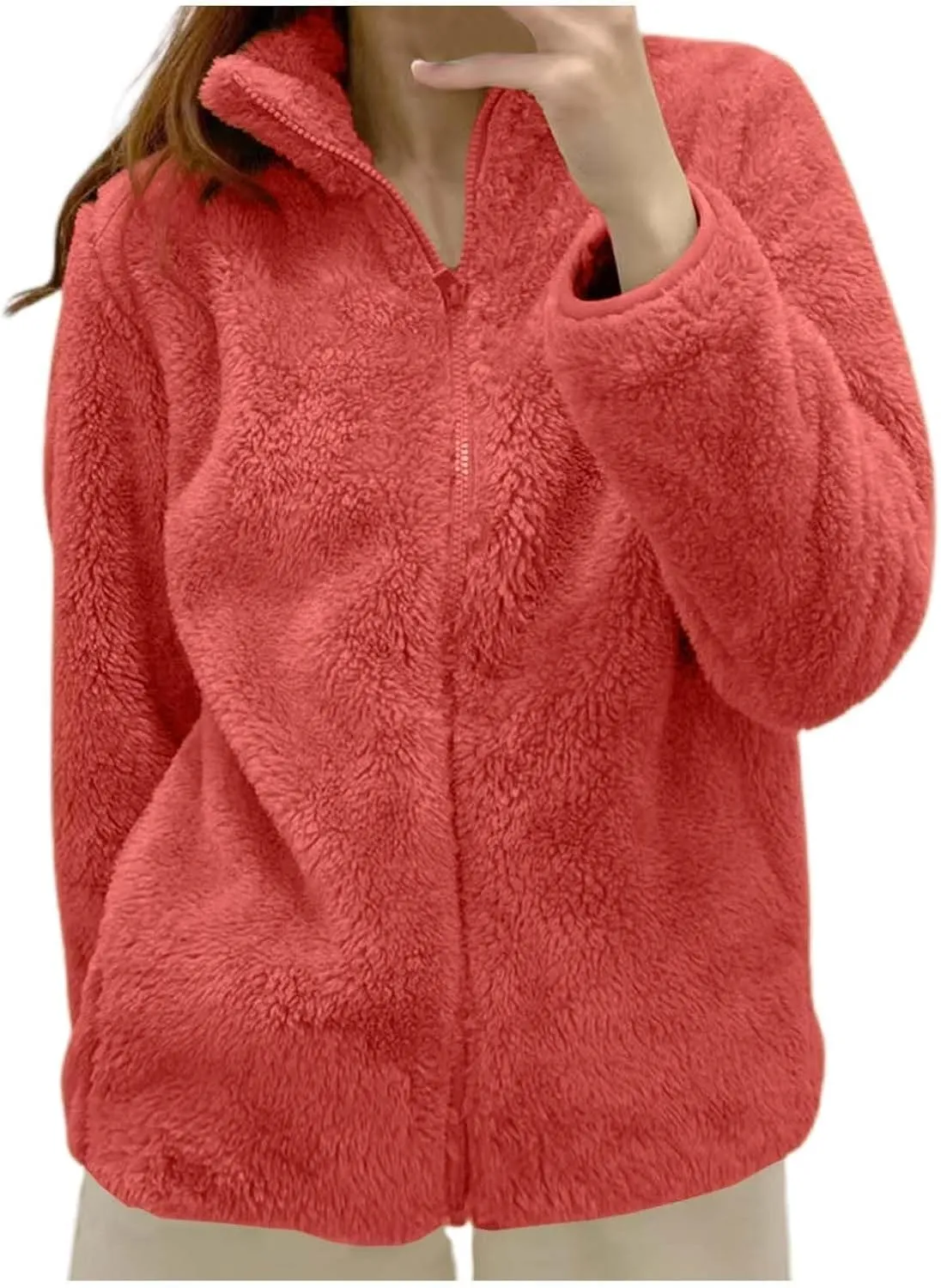 SHAOBGE Winter Coats For Women Fleece Jacket Women's Stand Up Collar Lined Teddy Jacket Warm Fleece Jackets