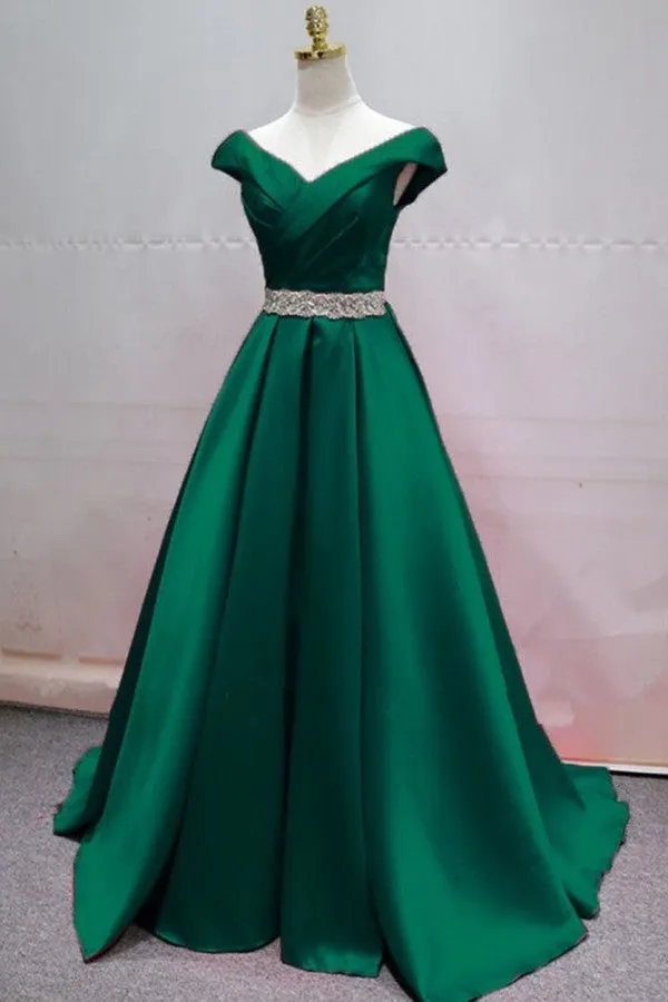 Simple A-line V-neck Satin Long Prom Dress With Crystal Sash
