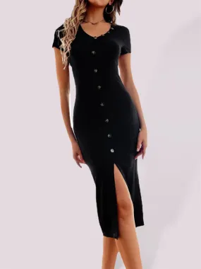 Solid Knitted Ribbed Button Bodycon Dress