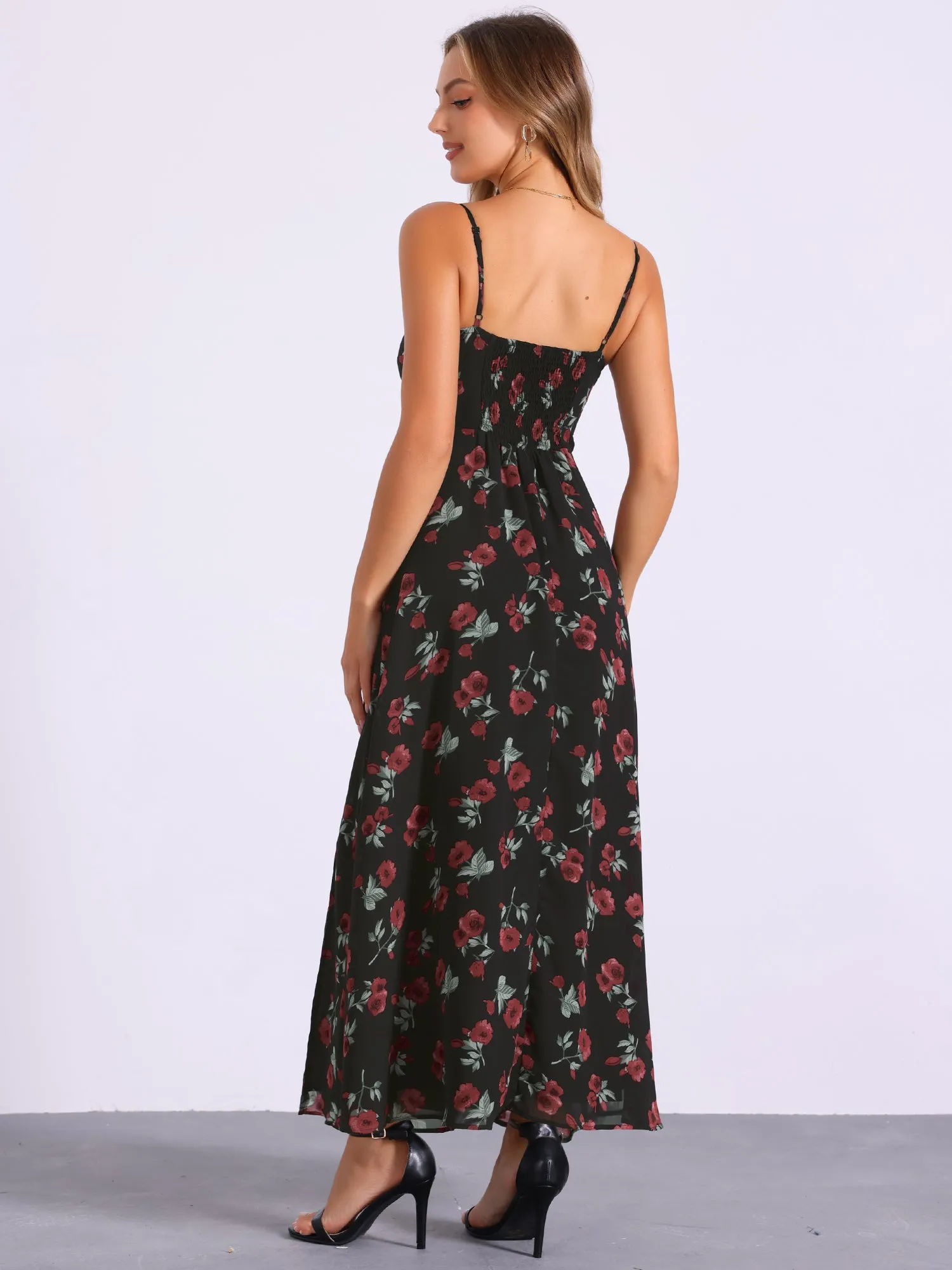 Spaghetti Strap Floral Smock Slit Elegant Maxi Dress Sundress