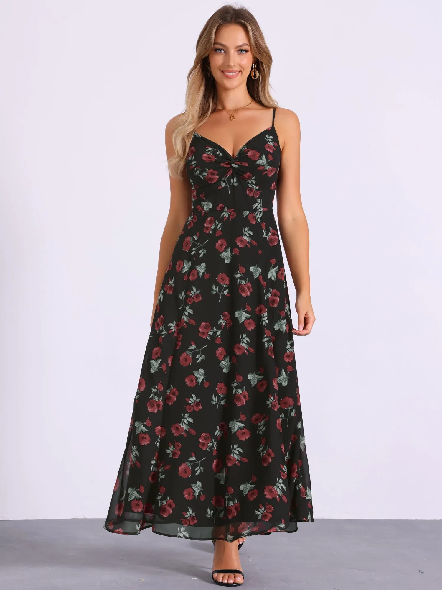 Spaghetti Strap Floral Smock Slit Elegant Maxi Dress Sundress