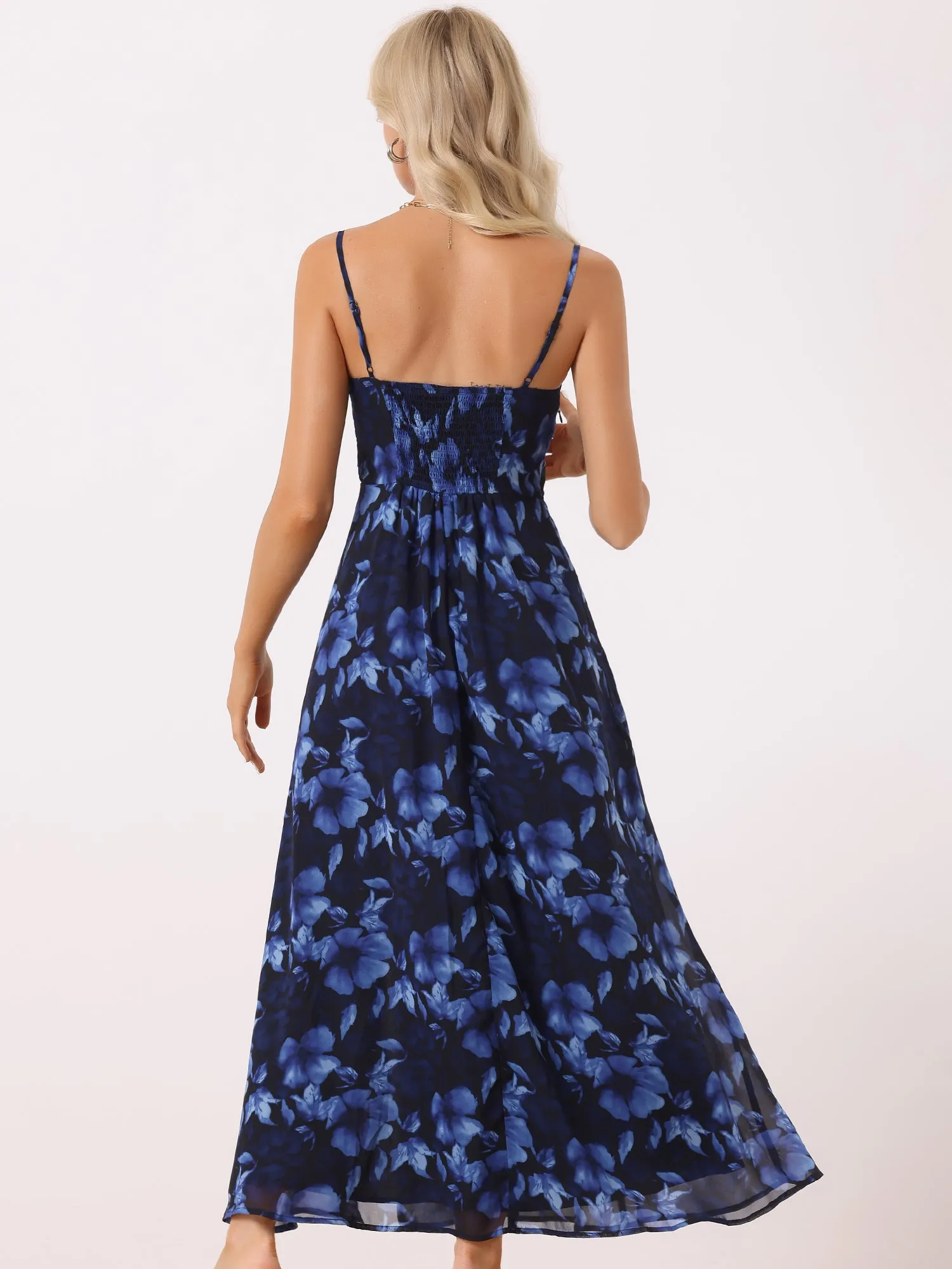 Spaghetti Strap Floral Smock Slit Elegant Maxi Dress Sundress