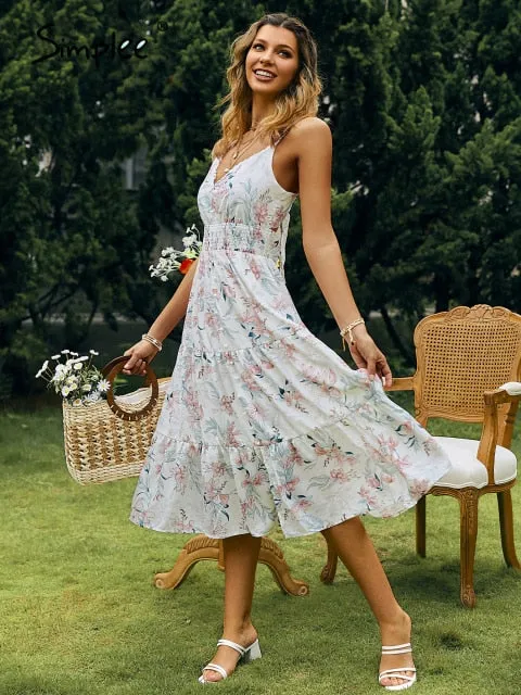 Spaghetti strap floral v-neck backless Summer a-line high waist sundress white  Elegant print Dress