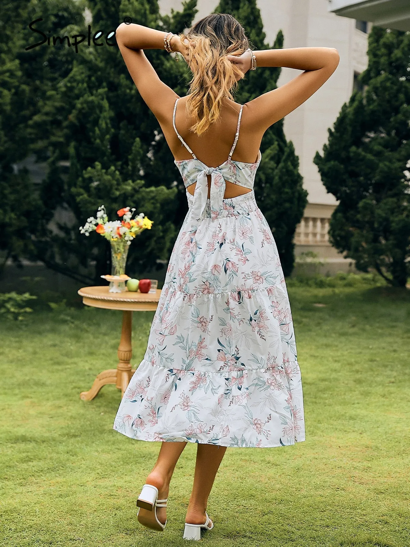 Spaghetti strap floral v-neck backless Summer a-line high waist sundress white  Elegant print Dress