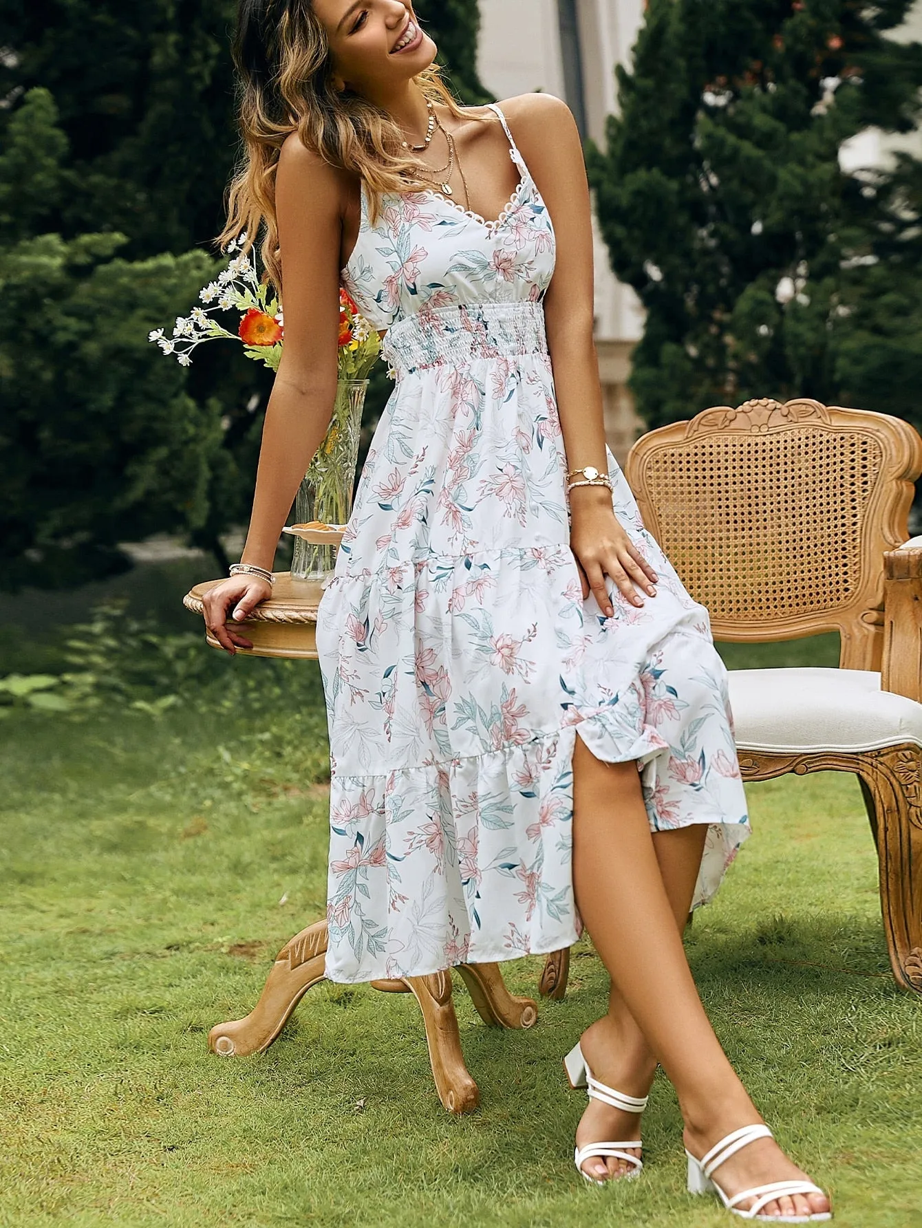 Spaghetti strap floral v-neck backless Summer a-line high waist sundress white  Elegant print Dress