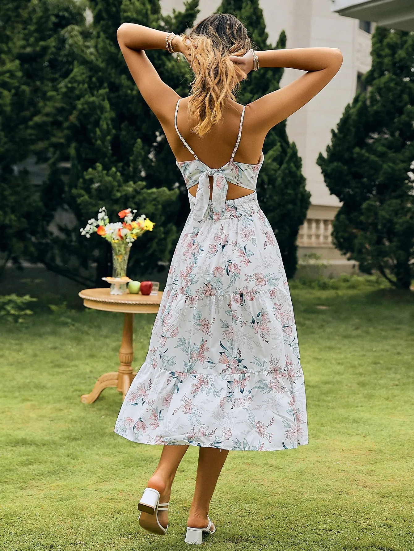 Spaghetti strap floral v-neck backless Summer a-line high waist sundress white  Elegant print Dress