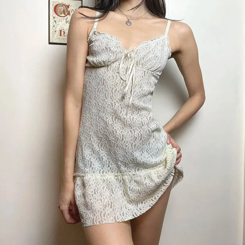 Strap Vintage Chic Summer Lace Dress Mini Frills Fashion Tie-Up Transparent Women's Dresses Sundress Party Clothing