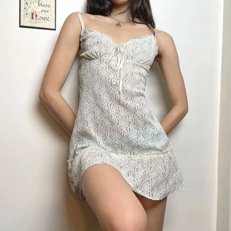 Strap Vintage Chic Summer Lace Dress Mini Frills Fashion Tie-Up Transparent Women's Dresses Sundress Party Clothing
