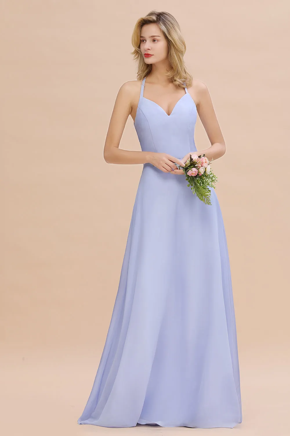 Stylish A-line Chiffon Spaghetti Straps Sleeveless Long Bridesmaid Dress