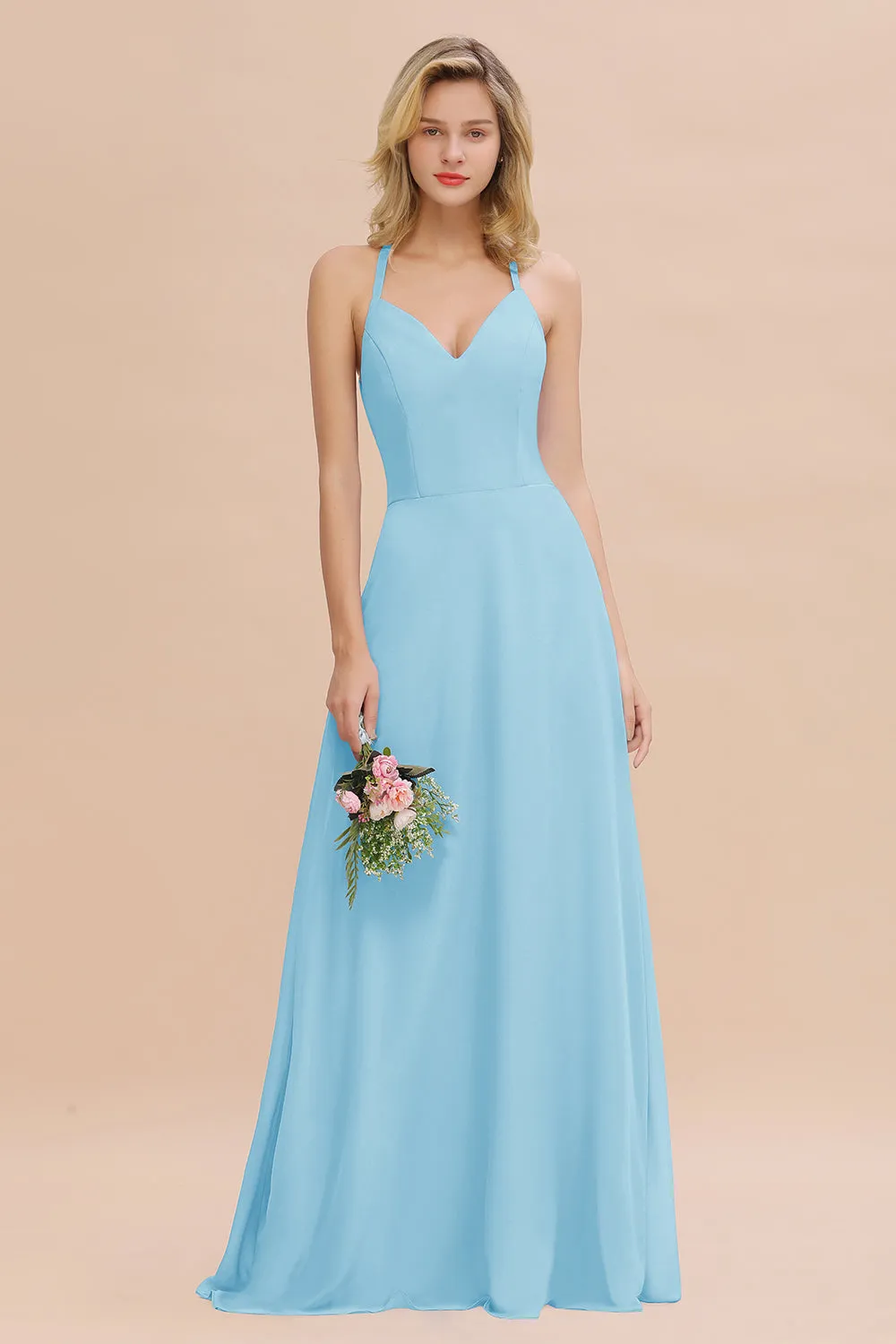 Stylish A-line Chiffon Spaghetti Straps Sleeveless Long Bridesmaid Dress