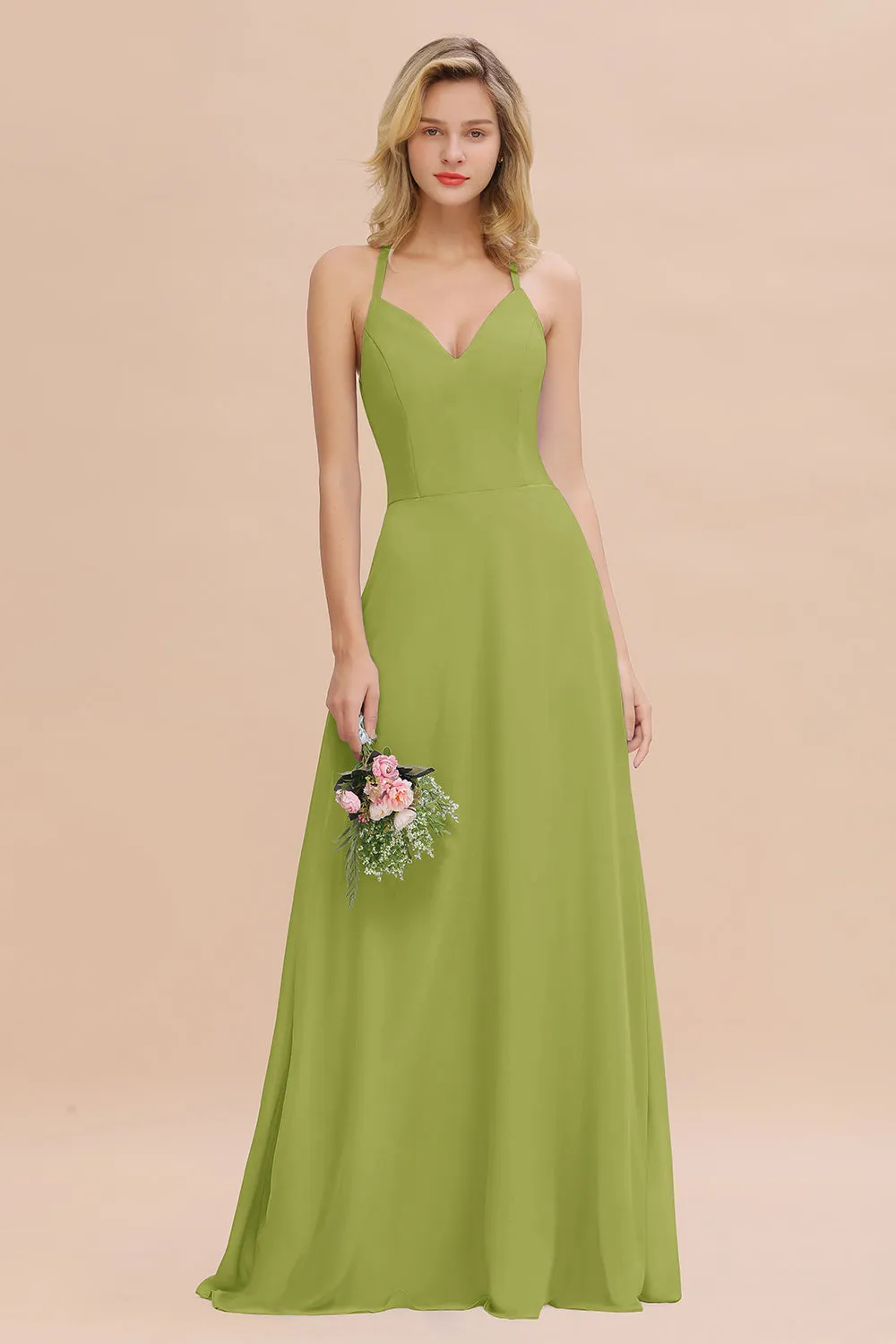 Stylish A-line Chiffon Spaghetti Straps Sleeveless Long Bridesmaid Dress