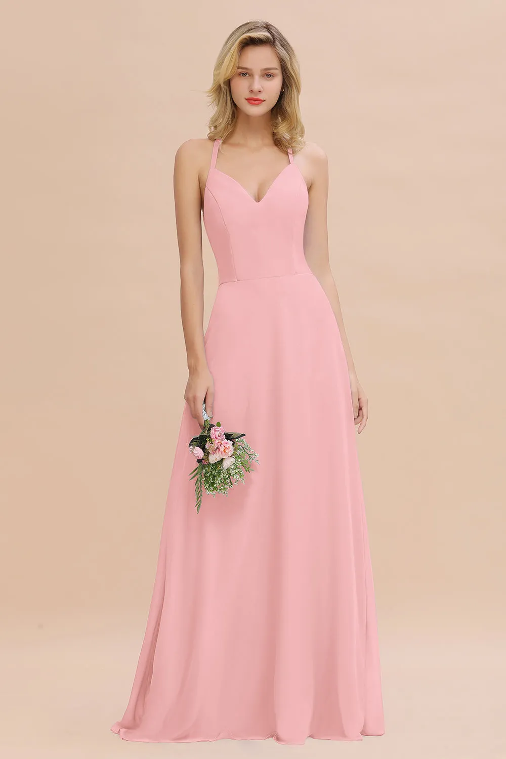 Stylish A-line Chiffon Spaghetti Straps Sleeveless Long Bridesmaid Dress