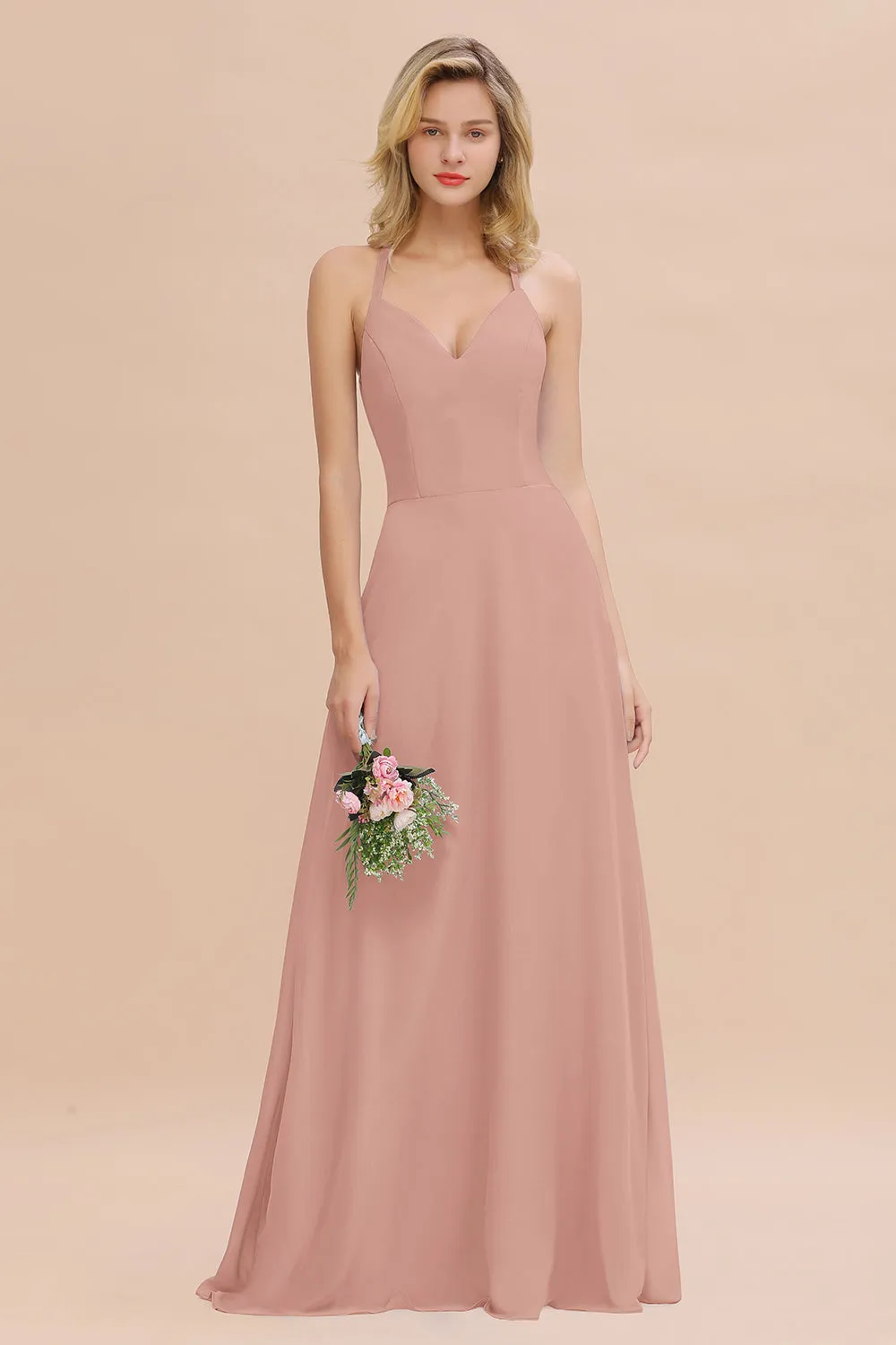 Stylish A-line Chiffon Spaghetti Straps Sleeveless Long Bridesmaid Dress