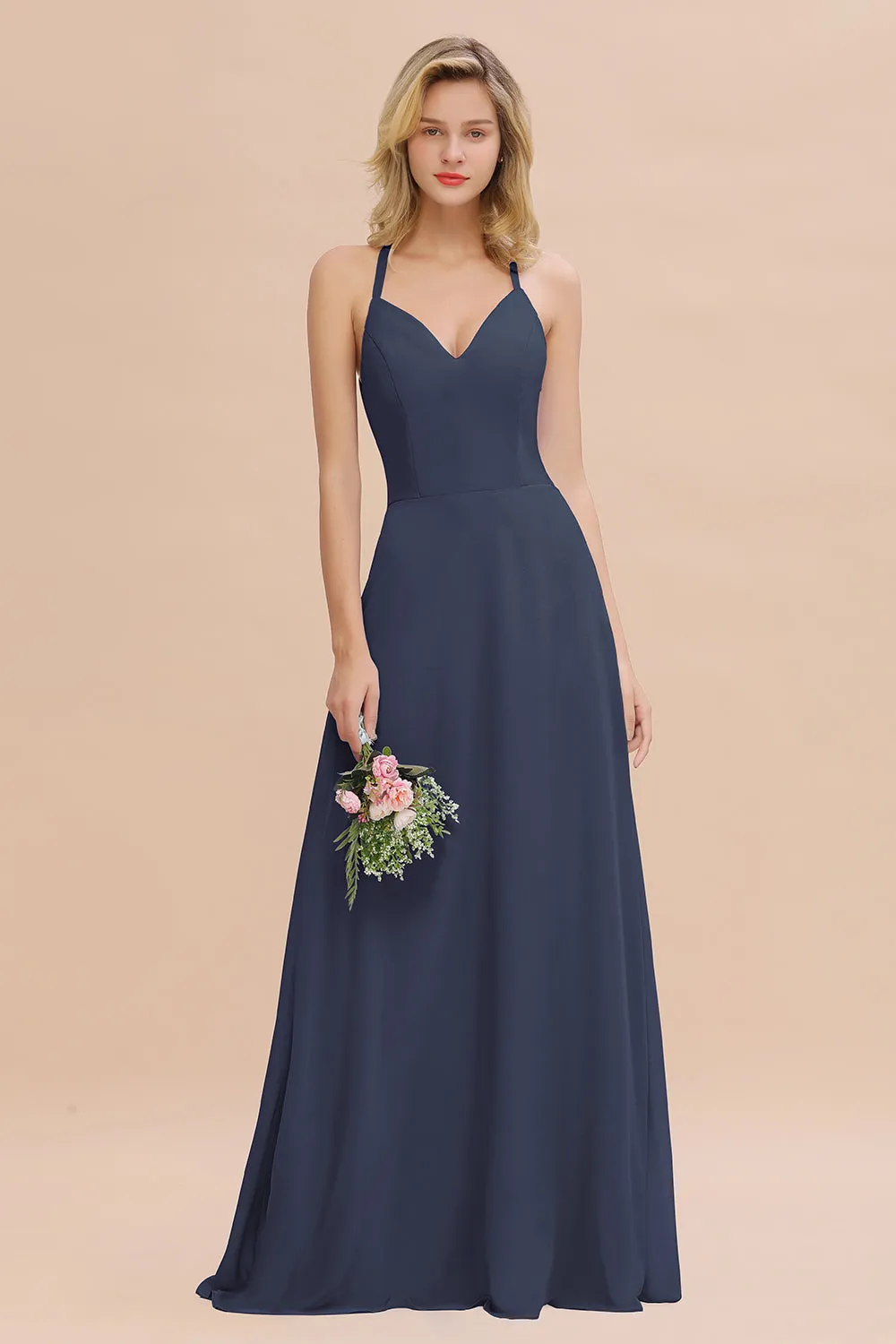 Stylish A-line Chiffon Spaghetti Straps Sleeveless Long Bridesmaid Dress