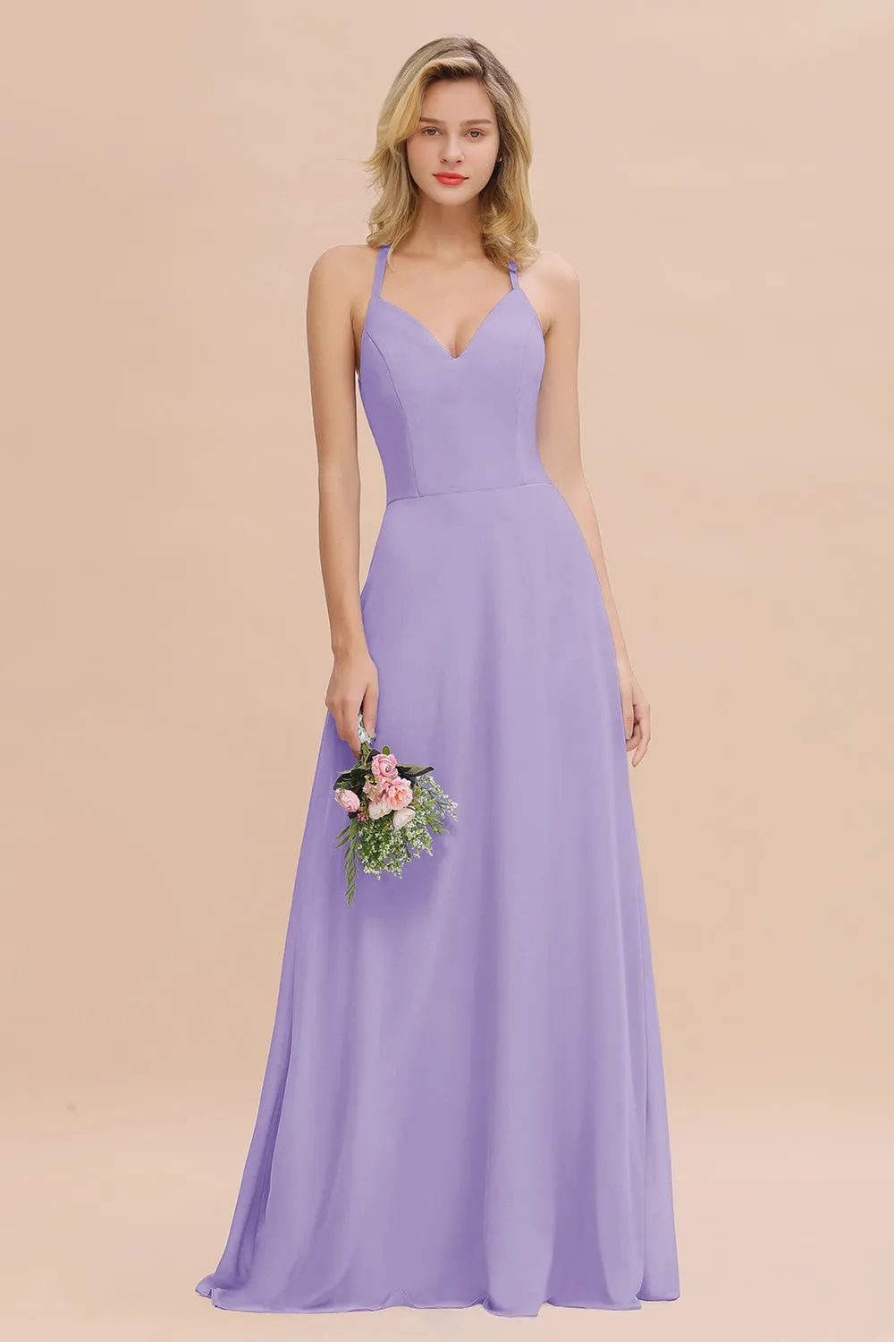 Stylish A-line Chiffon Spaghetti Straps Sleeveless Long Bridesmaid Dress