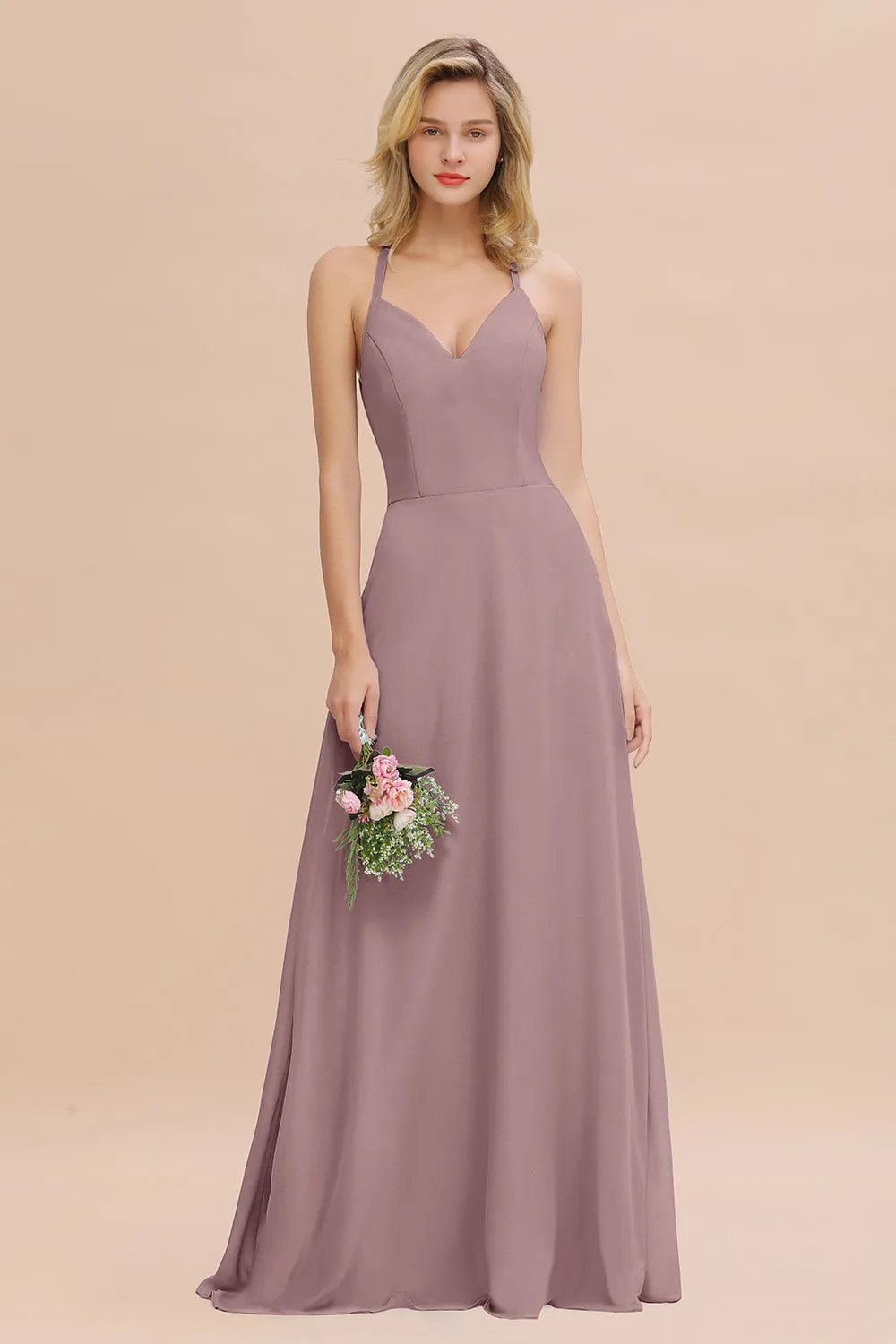 Stylish A-line Chiffon Spaghetti Straps Sleeveless Long Bridesmaid Dress