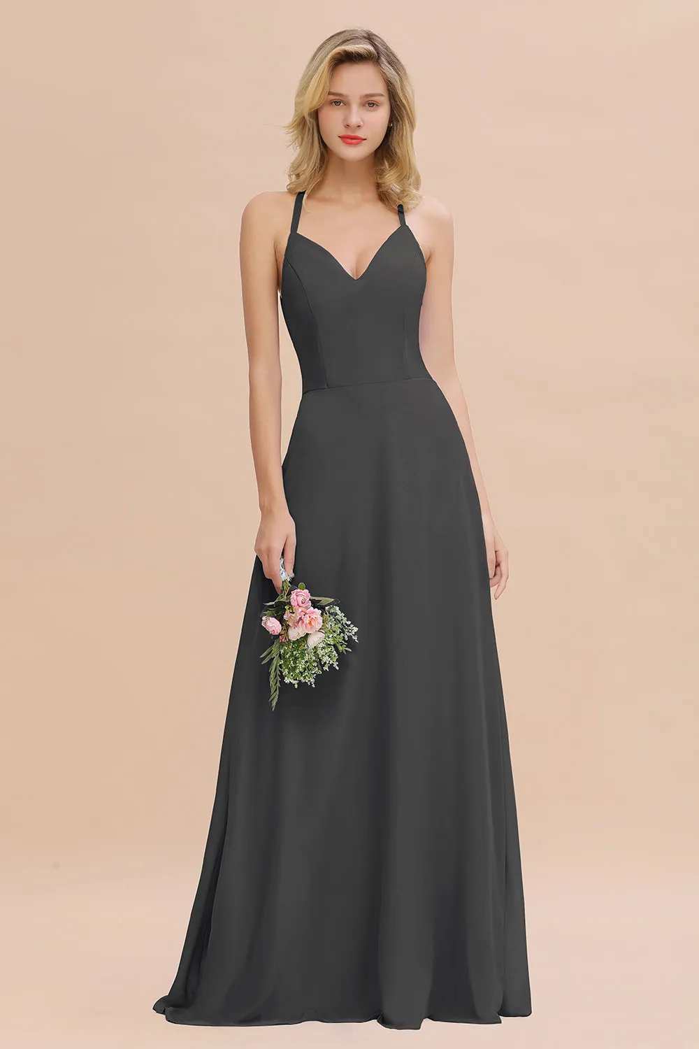 Stylish A-line Chiffon Spaghetti Straps Sleeveless Long Bridesmaid Dress