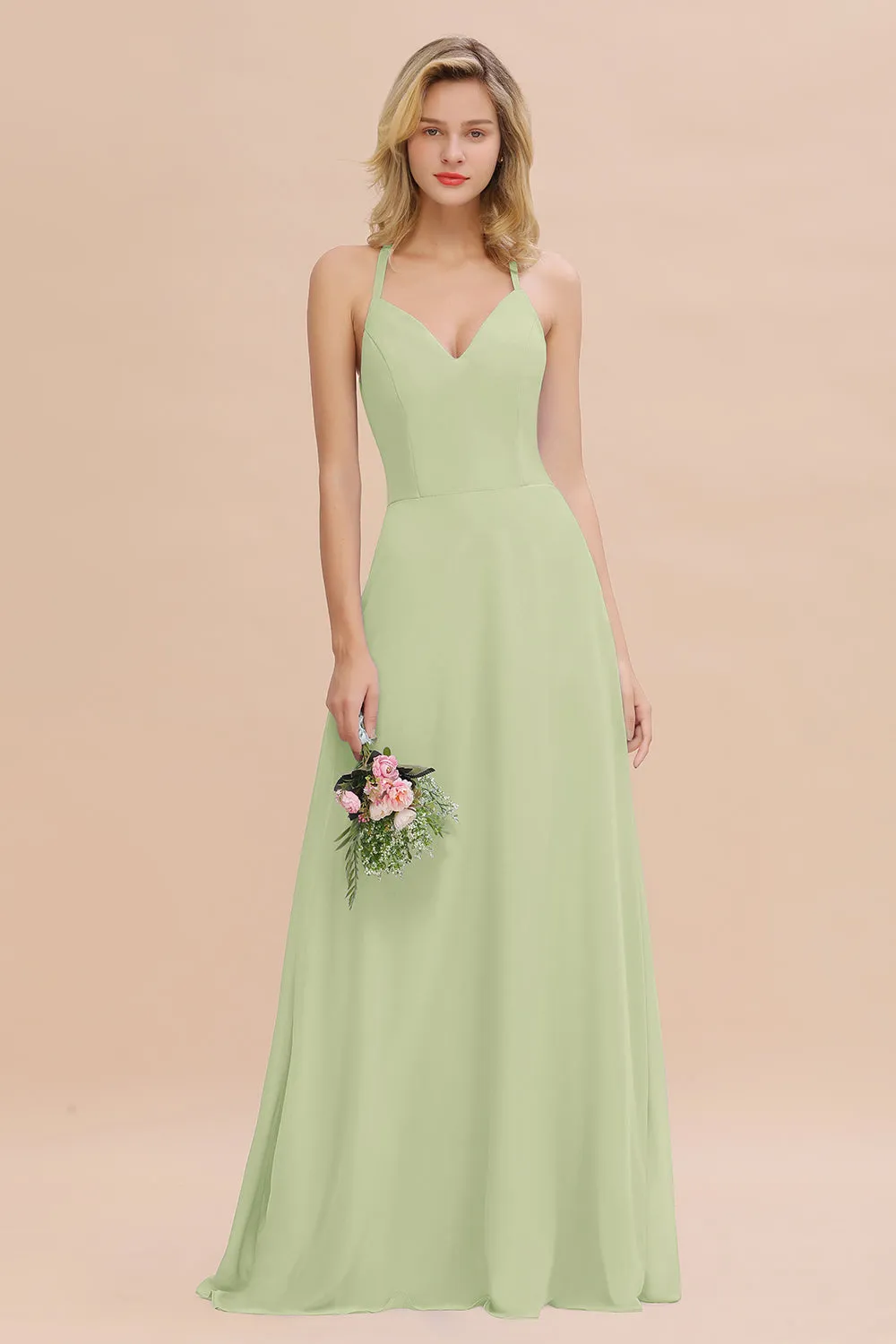 Stylish A-line Chiffon Spaghetti Straps Sleeveless Long Bridesmaid Dress