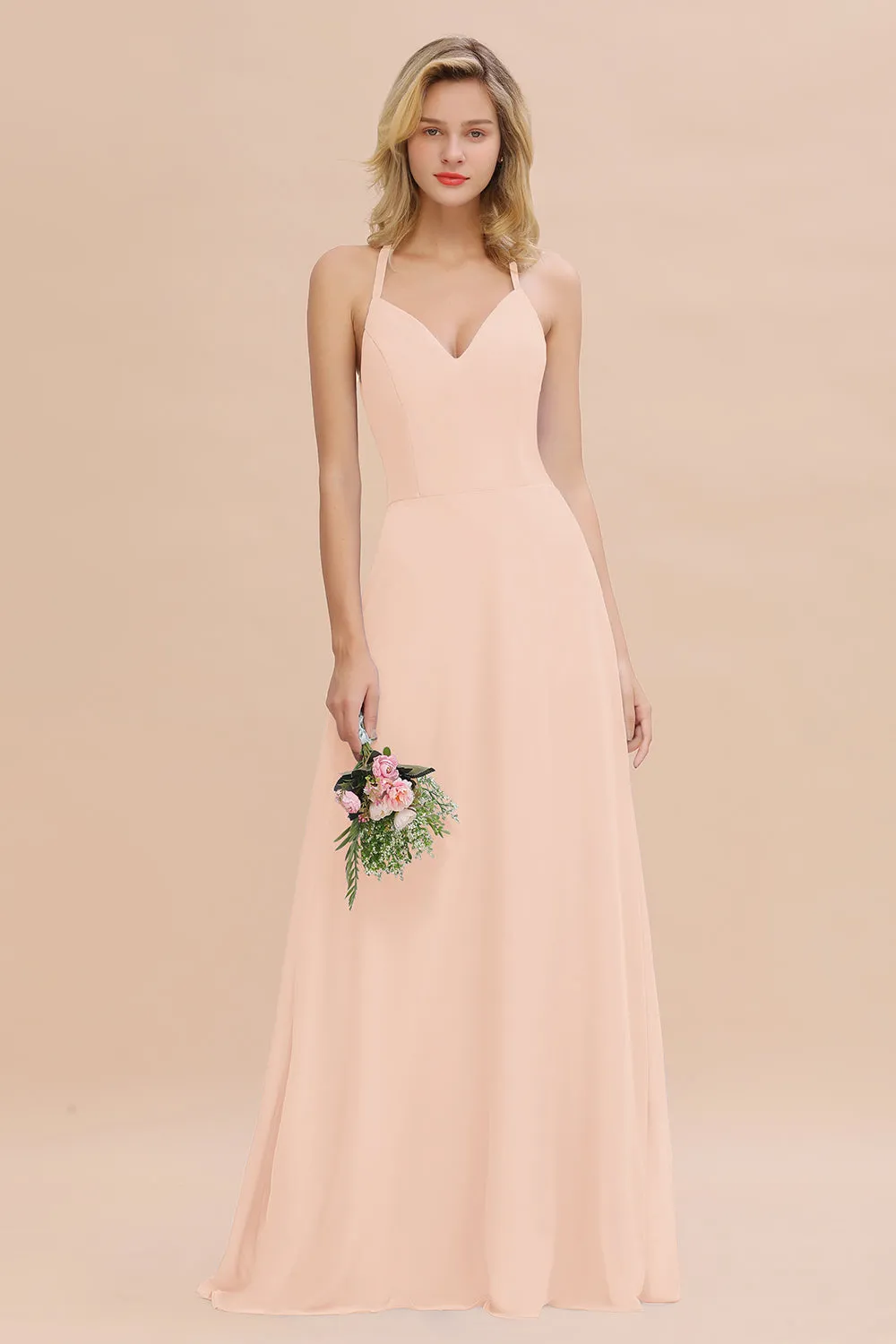 Stylish A-line Chiffon Spaghetti Straps Sleeveless Long Bridesmaid Dress