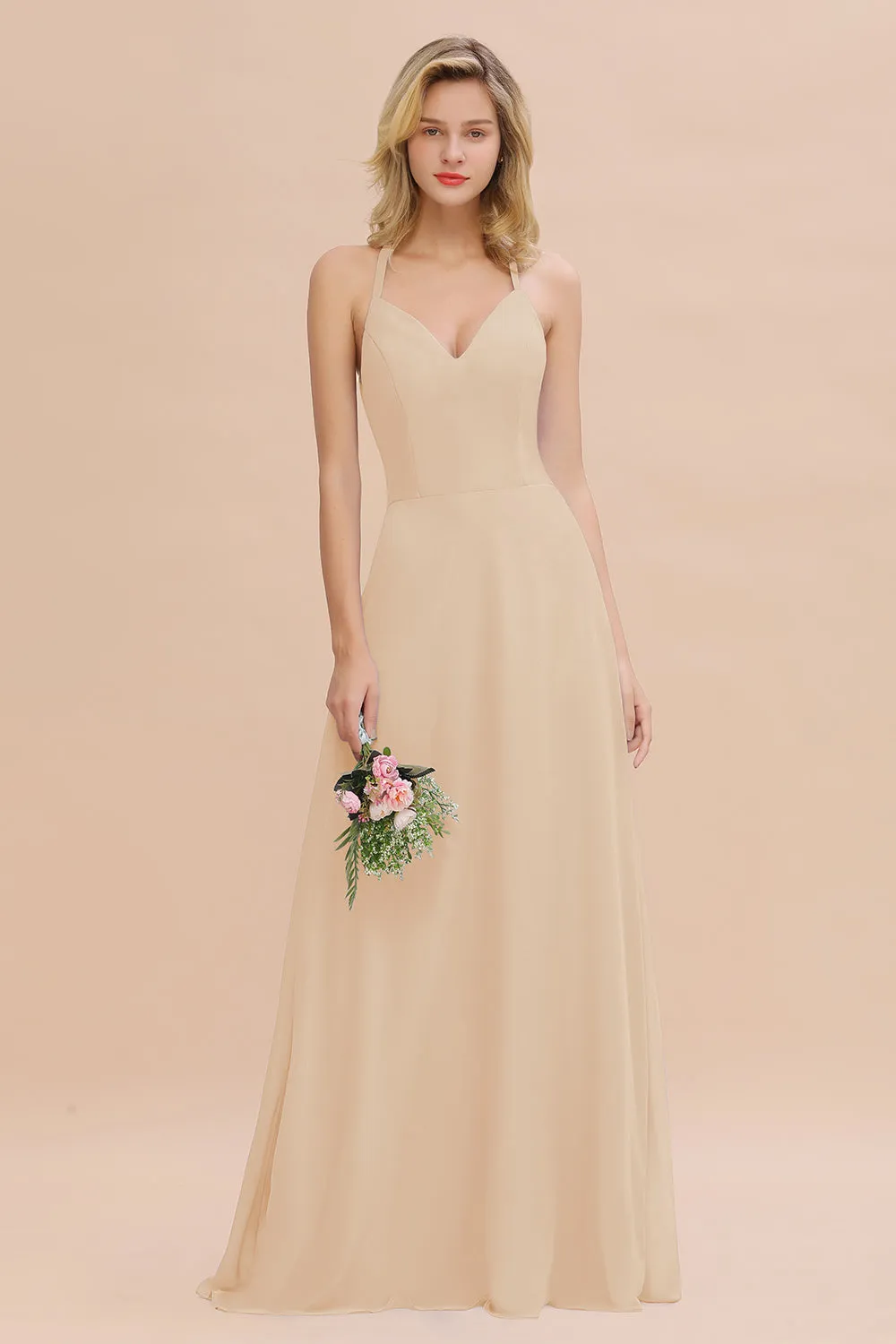 Stylish A-line Chiffon Spaghetti Straps Sleeveless Long Bridesmaid Dress