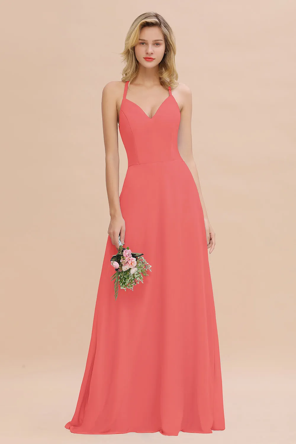Stylish A-line Chiffon Spaghetti Straps Sleeveless Long Bridesmaid Dress