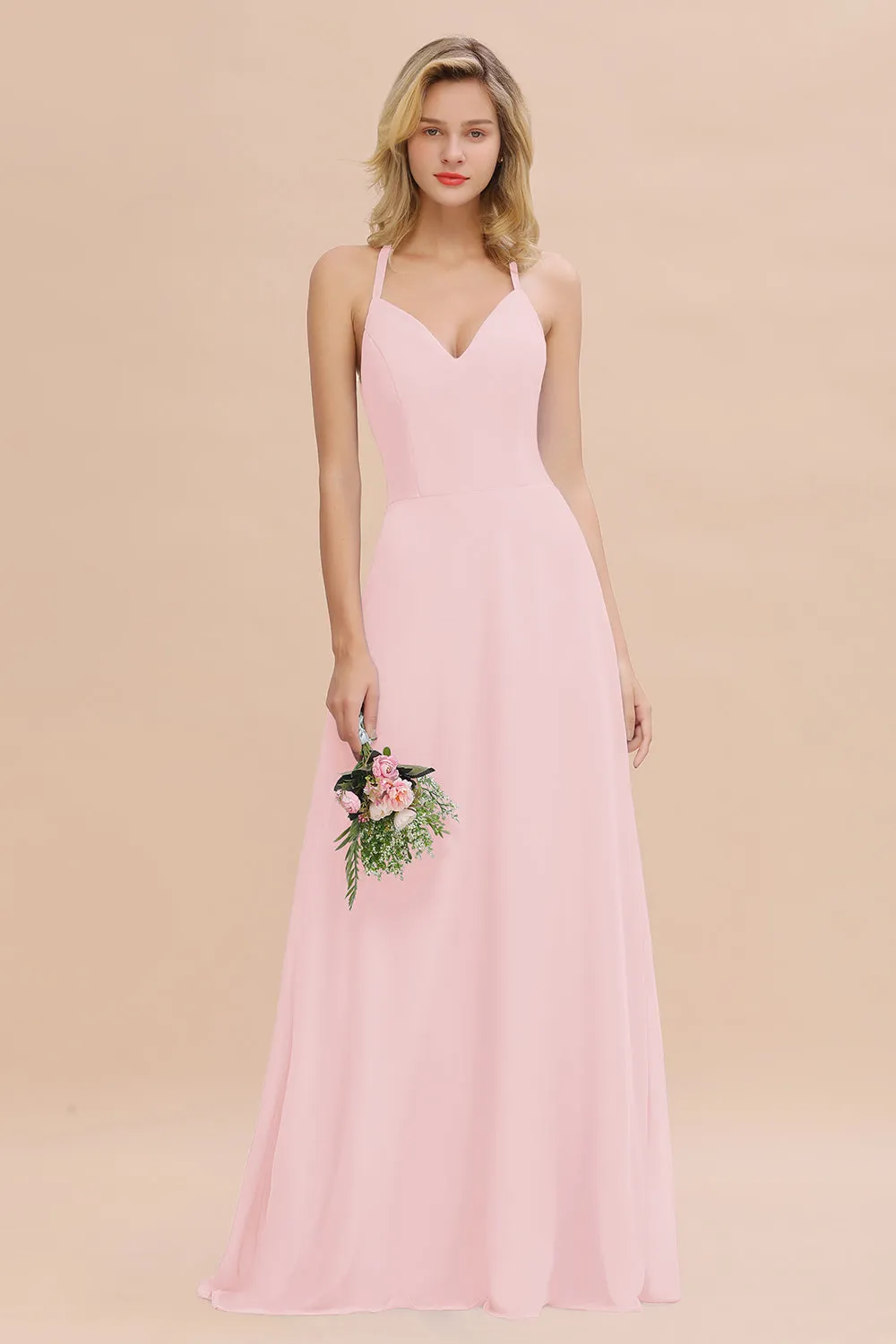 Stylish A-line Chiffon Spaghetti Straps Sleeveless Long Bridesmaid Dress