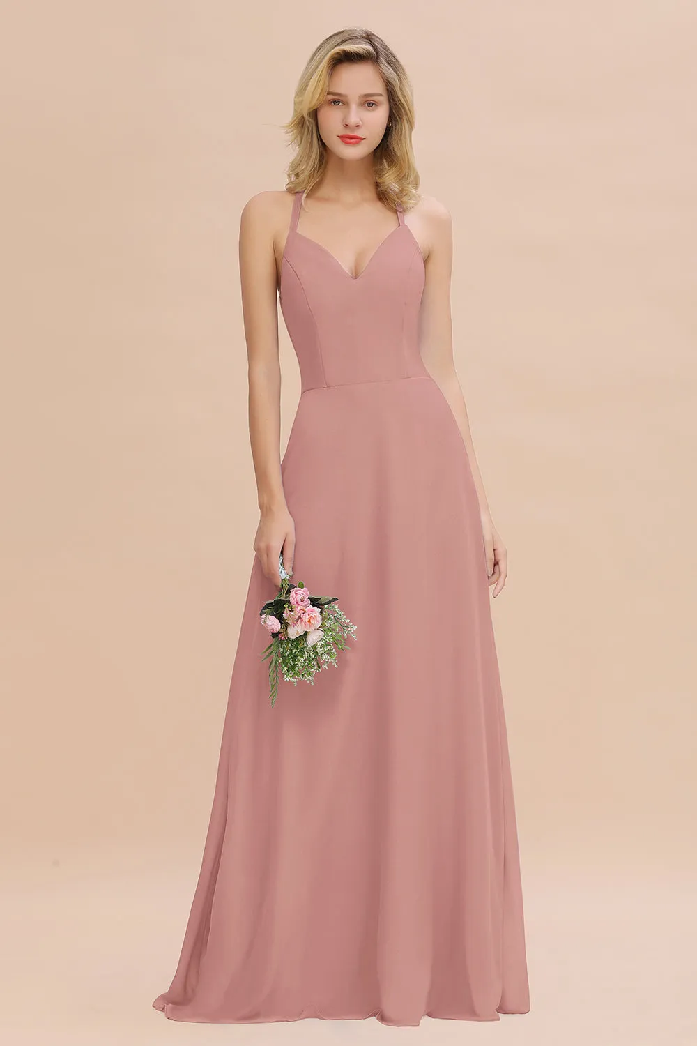 Stylish A-line Chiffon Spaghetti Straps Sleeveless Long Bridesmaid Dress