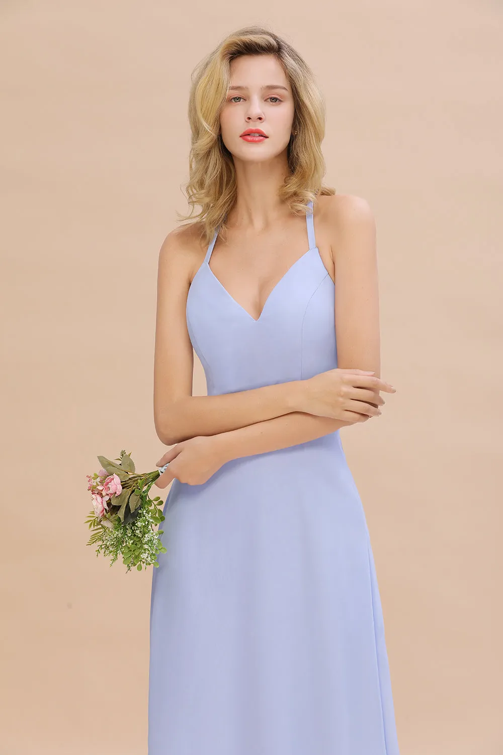 Stylish A-line Chiffon Spaghetti Straps Sleeveless Long Bridesmaid Dress