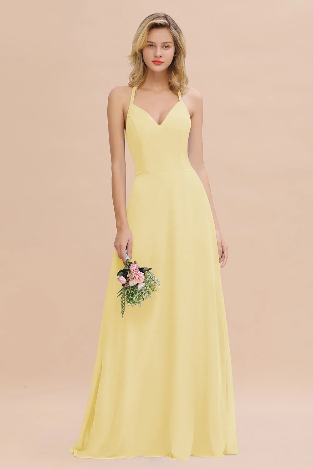 Stylish A-line Chiffon Spaghetti Straps Sleeveless Long Bridesmaid Dress