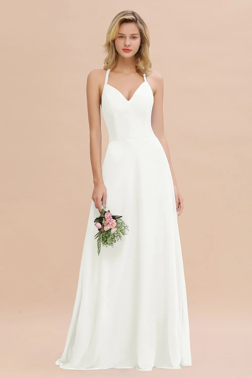 Stylish A-line Chiffon Spaghetti Straps Sleeveless Long Bridesmaid Dress
