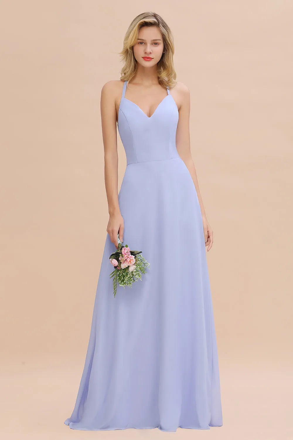 Stylish A-line Chiffon Spaghetti Straps Sleeveless Long Bridesmaid Dress