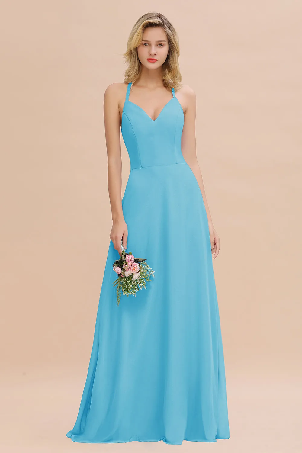 Stylish A-line Chiffon Spaghetti Straps Sleeveless Long Bridesmaid Dress