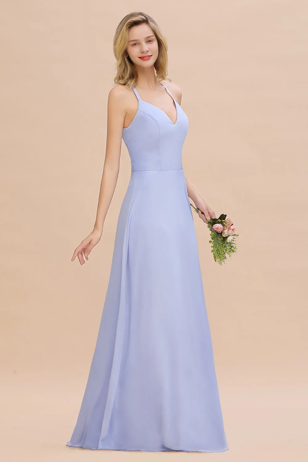 Stylish A-line Chiffon Spaghetti Straps Sleeveless Long Bridesmaid Dress