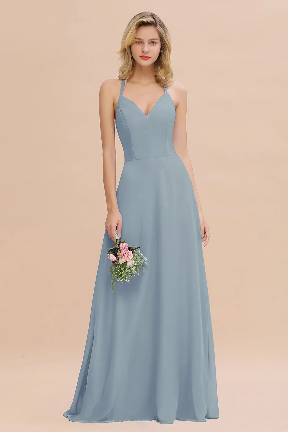 Stylish A-line Chiffon Spaghetti Straps Sleeveless Long Bridesmaid Dress
