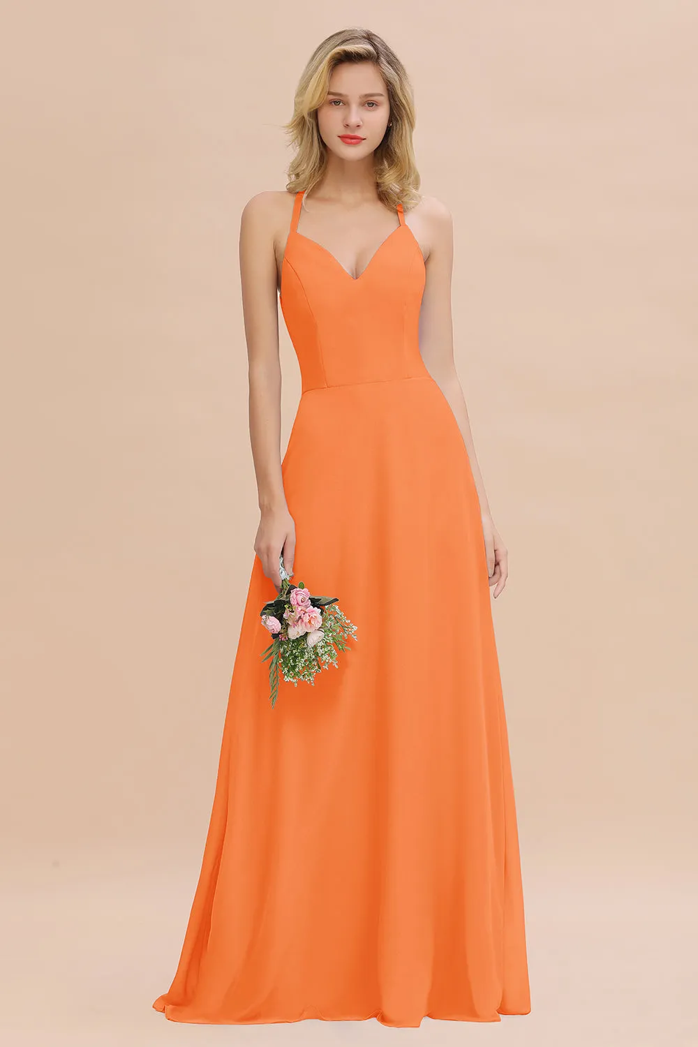 Stylish A-line Chiffon Spaghetti Straps Sleeveless Long Bridesmaid Dress