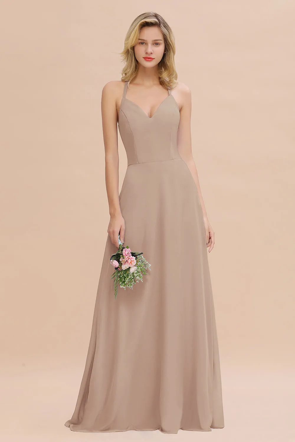 Stylish A-line Chiffon Spaghetti Straps Sleeveless Long Bridesmaid Dress