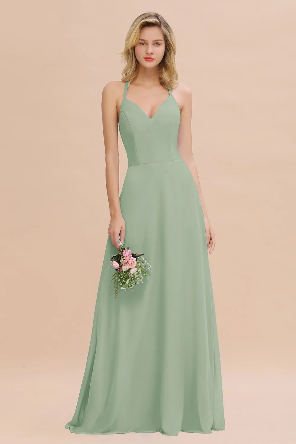 Stylish A-line Chiffon Spaghetti Straps Sleeveless Long Bridesmaid Dress