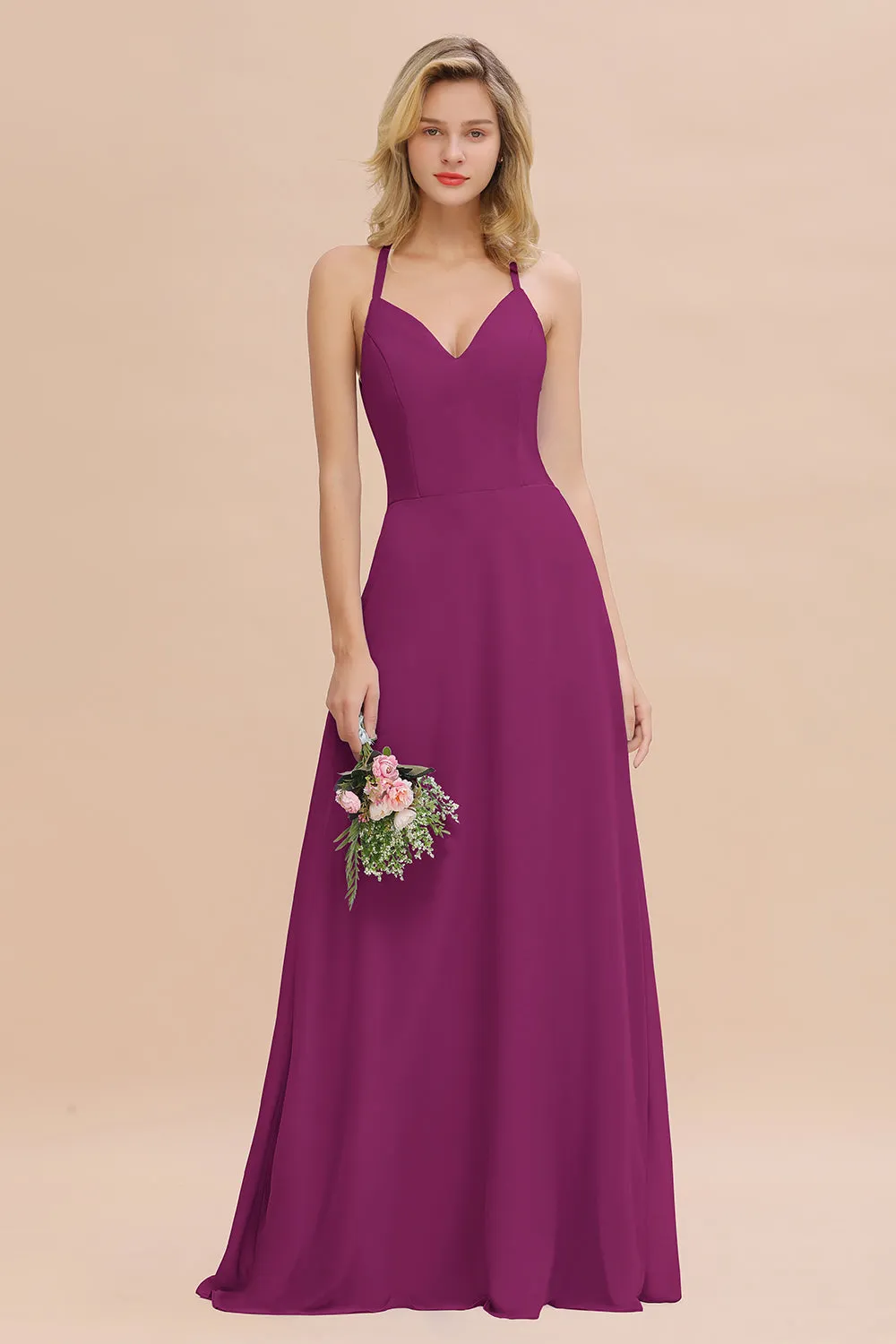 Stylish A-line Chiffon Spaghetti Straps Sleeveless Long Bridesmaid Dress