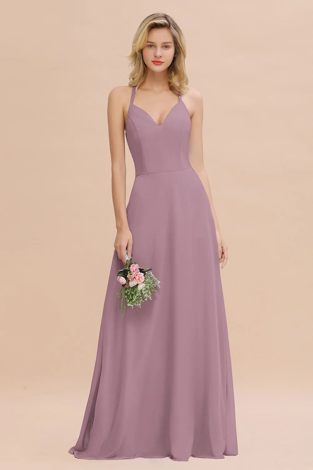 Stylish A-line Chiffon Spaghetti Straps Sleeveless Long Bridesmaid Dress